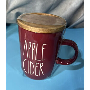 Rae Dunn APPLE CIDER Burgundy Mug w wooden lid Thanksgiving Fall Ceramic